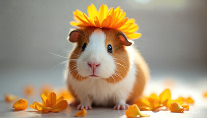 Small guinea pig wears an orange flower on its head. Tiny pet sits among fallen petals. Cute rodent looks directly at camera with big eyes. Domestic animal with white and brown fur.