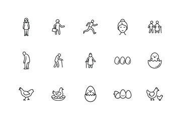 Human and Animal Icon Bundle Hen People Worker Set, Pregnancy Mother Baby Egg Worker Symbol Pack, Farm Hen Human Figure Ladu Woman Concept Icons, Family Baby Mother Worker Farm Animal Design Set