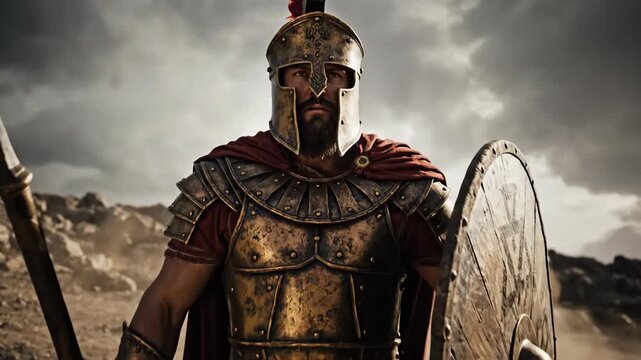 A warrior in golden armor with spear and shield against a cloudy, desolate background