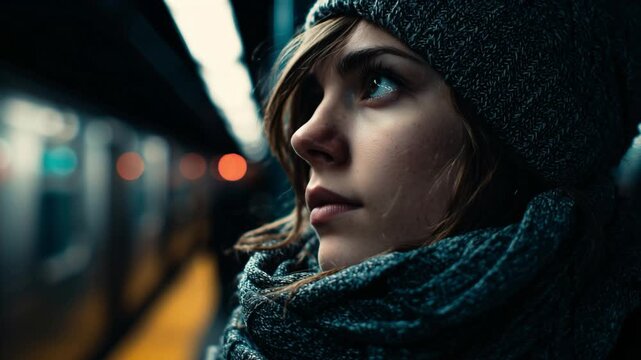 Primer plano de mujer viajera con mirada reflexiva en el tren subterr&aacute;neo.