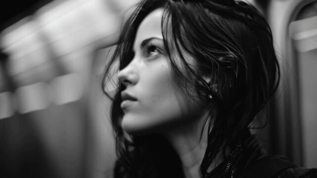 Primer plano de mujer viajera con mirada reflexiva en el tren subterr&aacute;neo.
