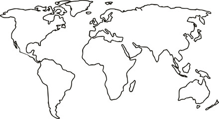 Outline of the world map with continents in black and white