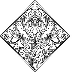 Ornamental design of irises and dragonflies in a square shape