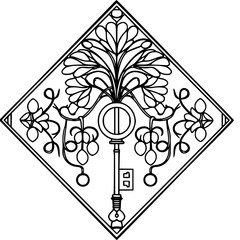 Decorative design of a key with floral and grape elements in a diamond shape
