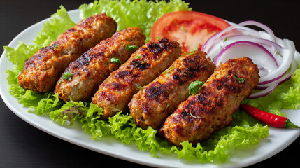 Delicious grilled seekh kebabs served on a white plate with fresh lettuce, sliced onions, and tomato