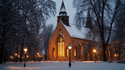 Snowy church at dusk under a gray sky, framed by trees and illuminated by streetlights, radiating a serene and peaceful winter scene with a traditional steeple.