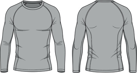Long sleeve fitted shirt sketch, fashion illustration, raglan sleeve design, front and back view, garment blueprint, apparel template, vector drawing