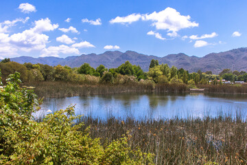 Naklejka premium Mountain Lake Landscape with Lush Green Trees and Reflections under Blue Sky in San Cristobal de las Casas Mexico Peaceful Nature Scene Fresh Water Scenic Outdoors