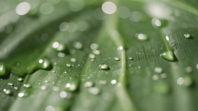 Macro-style soft focus background of a fresh green leaf surface with scattered water droplets. Highlights shimmer gently as light moves, giving a calm natural eco texture backdrop.