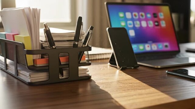 A well-lit desk setup with stationery, a laptop, and a smartphone. Office environment