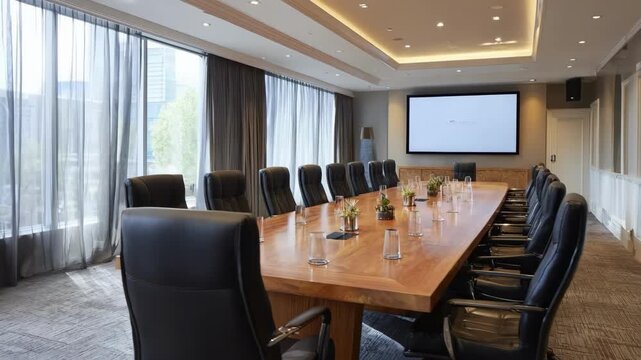 Medium shot of a boardroom setup with a long polished table executive chairs and a large screen for formal client presentations.
