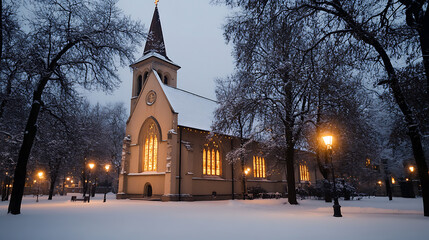 Winter's Embrace: A serene scene of a snow-covered place of worship illuminated by warm light on a winter evening, set against a backdrop of frosted trees and a tranquil atmosphere.