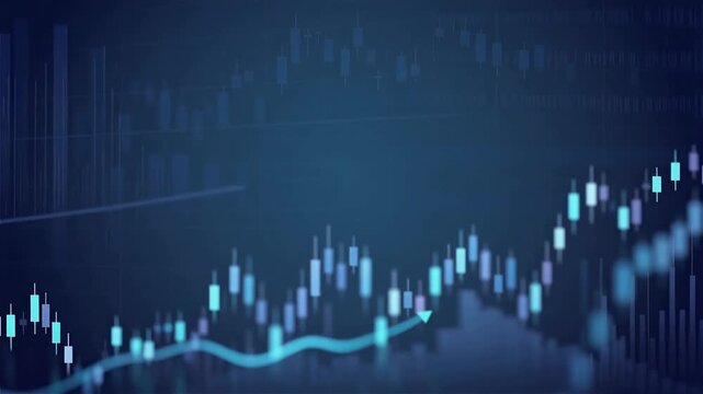 Dark blue background featuring softly glowing financial line charts and abstract candlesticks positioned mostly around the edges. Charts gently pulse upward, hinting at growth and market momentum