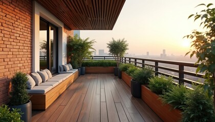 Fototapeta premium Cozy balcony garden features wooden deck. Brick wall and planters create urban oasis. Skyline visible at distance. Relaxing benches and decorative plants offer tranquil escape in city residence.