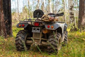 Fototapeta premium quad bike or ATV or quadbike stands in green tall grass in forest on summer day