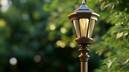 A serene park scene featuring an ornate lamppost bathed in soft, golden light, against a backdrop of lush greenery. The lamp's gentle glow promises warmth.