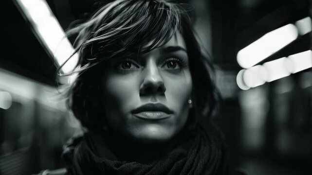 Primer plano de mujer viajera con mirada reflexiva en el tren subterr&aacute;neo.