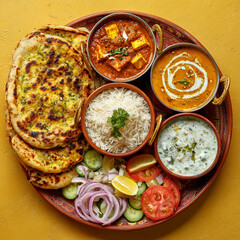 Overhead shot of a delicious indian thali featuring naan bread, rice, paneer, raita, and dal makhani on a platter