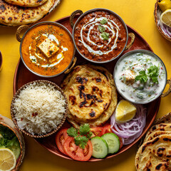 Overhead shot of a delicious indian thali featuring butter chicken, dal makhani, raita, rice, naan, and salad