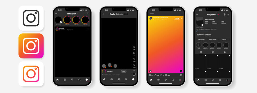 Instagram-inspired mobile app UI kit with dark mode profile, reels, feed, and story layouts. Includes post interactions, buttons, and gradient logo variations for creative projects.