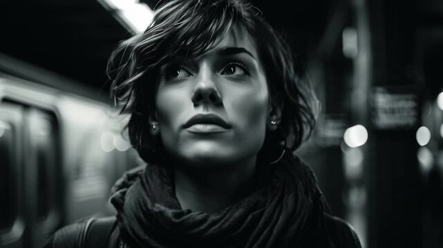 Primer plano de mujer viajera con mirada reflexiva en el tren subterr&aacute;neo.