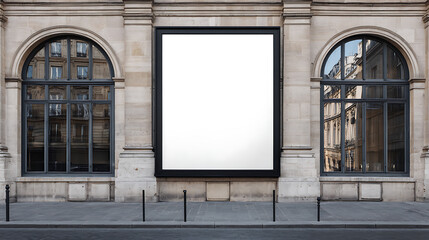 Urban billboard on a classic stone building facade, flanked by arched windows with reflected cityscapes. A blend of modern advertising in an historical setting.
