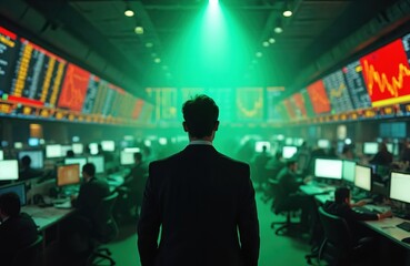 Man in suit stands in trading room with glowing screens showing data. Busy traders work at computers in a busy financial market hall. Analyzing stocks charts. Future growth.