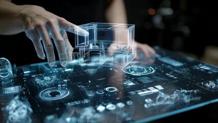 Medium shot of a photographer adjusting a holographic display showcasing futuristic tech gadgets against a dark studio background