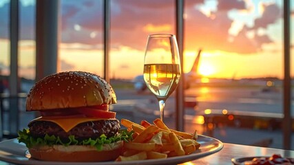 Delicious hamburger and french fries served with a glass of white wine at an airport lounge during sunset, ideal for travel and dining experiences