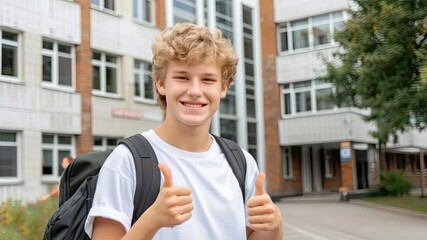 A happy student stands outside his school, smiling broadly and giving a thumbs up, capturing the joy of school life with friends