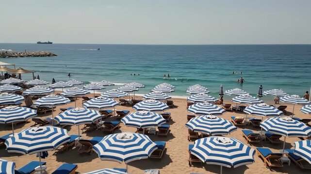 Rows of blue and white striped beach umbrellas on a sunny shore