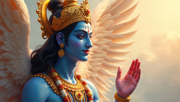 Hindu god Vishnu with blue skin, gold jewelry. Large white wings, wears crown. Vishnu major deity in Hinduism. Revered as preserver of universe. God Vishnu often depicted with serene expression.