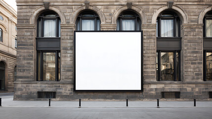 A white, rectangular billboard, is mounted on the facade of a classic stone building with arched windows. The scene captures urban design and promotional potential in an architectural setting.
