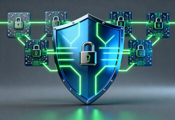 Cybersecurity shield with digital lock and circuit connections