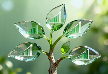 Growth concept illustrated by glass leaves with rising graphs