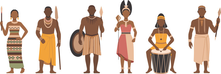 Cartoon African cultural character set with traditional attire, accessories, and instruments for heritage, education, and artistic themes.