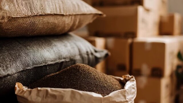 Medium shot focusing on compostable packaging supplies used for shipping illustrating zerowaste and sustainable shipping solutions