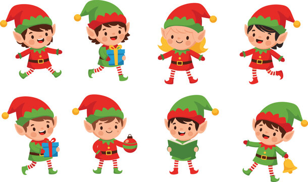 Cartoon Christmas elf character set with festive outfits, gifts, ornaments, and cheerful poses for holiday illustration themes.