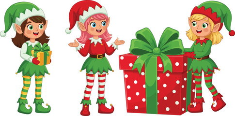 Cartoon Christmas elf trio with festive outfits and wrapped gifts for holiday character, celebration, and decoration themes.