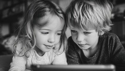 Brother And Sister Adorably Using Tablet Together In The Comfort Of Their Home. A Sweet Moment Captured Between Siblings. Technology At Home.