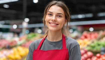 Youthful Joyful Saleswoman Sporting A Red Apron Working In A Grocery Store - A Vibrant, Energetic, And Enthusiastic Presence.