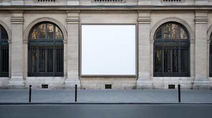 Urban canvas: A blank billboard mounted on a stately stone building, flanked by arched windows with intricate metal grilles, ready for its message. City streets frame the scene.
