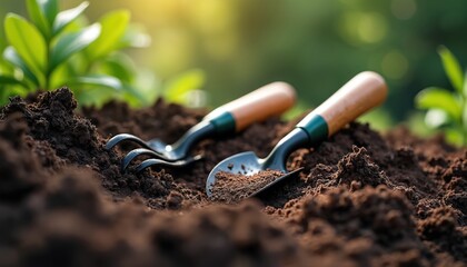Gardening hand tools sit in dark soil. Trowel, cultivator ready for planting. Rich earth, green plants create natural background. Spring garden work begins under sunny skies. Growing plants, new life.