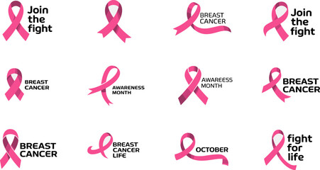 Pink Ribbon Breast Cancer Awareness Icons Set Featuring Support Messages, October Campaign Phrases, and Symbolic Designs for Health Advocacy