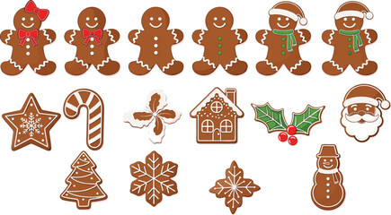 Cartoon gingerbread cookie set with festive characters, snowflakes, ornaments, and holiday treats for Christmas design themes.
