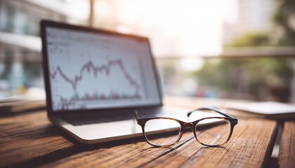 Closeup Of Banking Finance Analyst In Eyeglasses Working On Laptop In Sunny Office, Analyzing Stock Report On Notebook Screen. Blurred, Horizontal Mockup.