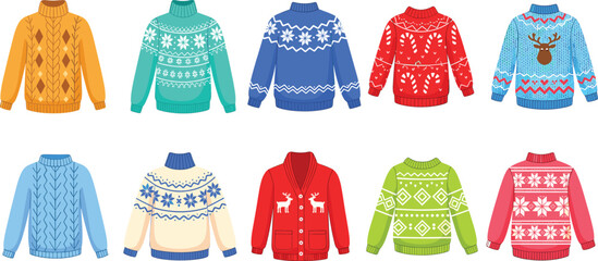 Cartoon festive sweater collection with colorful winter patterns, reindeer, snowflakes, and holiday designs for seasonal fashion themes.