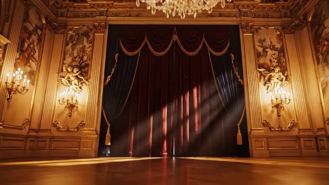 Opulent baroque ballroom interior with crystal chandelier and gilded decor
