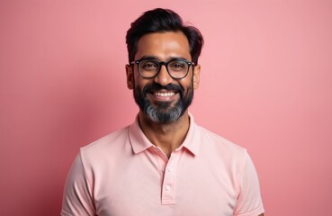 Obraz premium Happy Indian man with dark hair eyeglasses smiles against pink backdrop. Cheerful male portrait in casual shirt. Smiling face. Positive guy looks at camera.