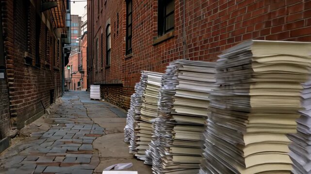 Experience urban tranquility as paper stacks lean against brick walls, forming a striking contrast in the daylight